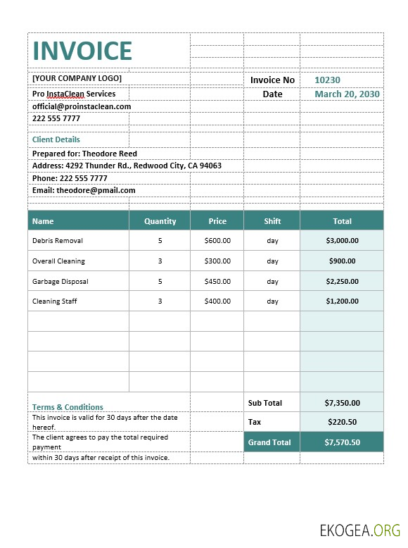 Modèle de facture de nettoyage de construction
